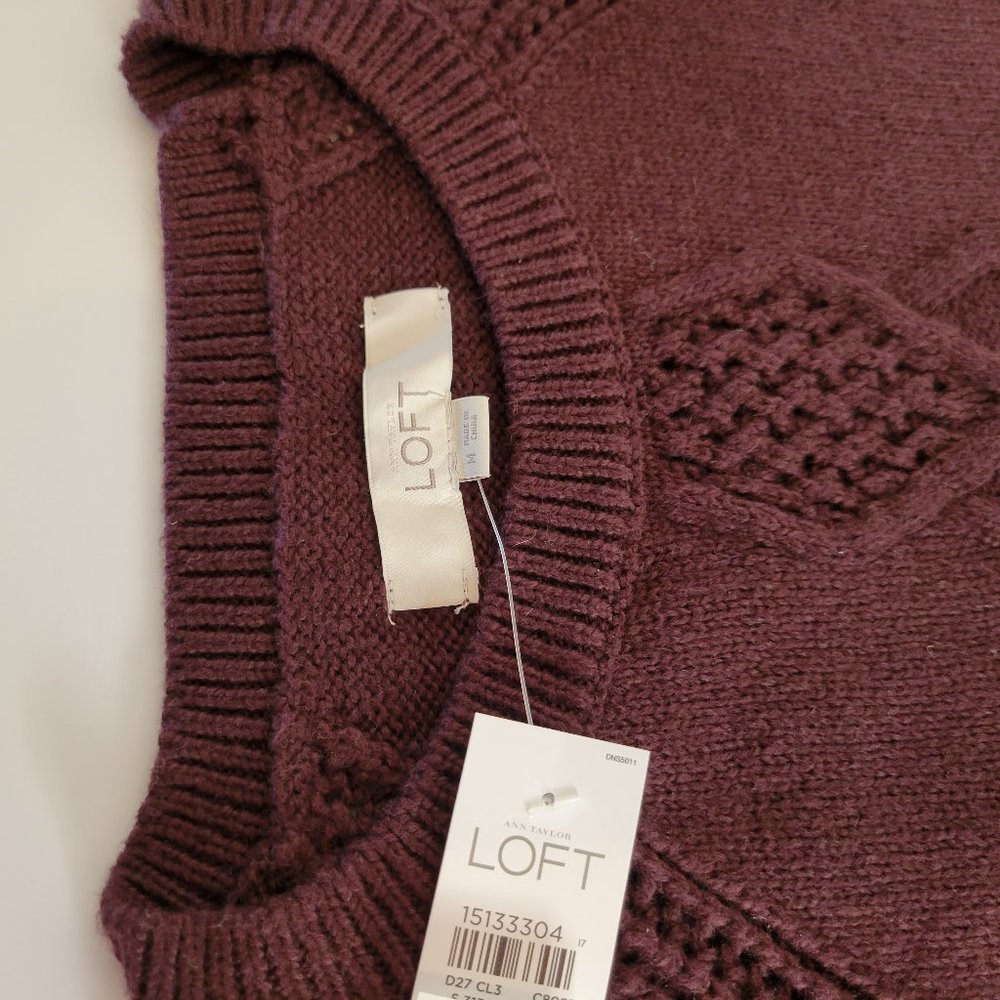 Loft Maroon Ladies Crew Neck Cable Knit Sweater Cotton Blend Size M, NWT - Picture 3 of 9